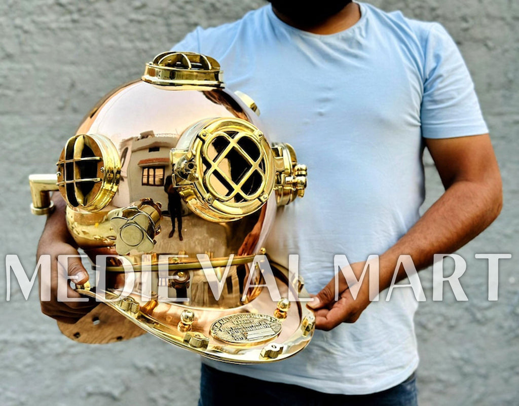 MEDIEVALMART Pure Copper Brass Diving Helmet With Wooden Base