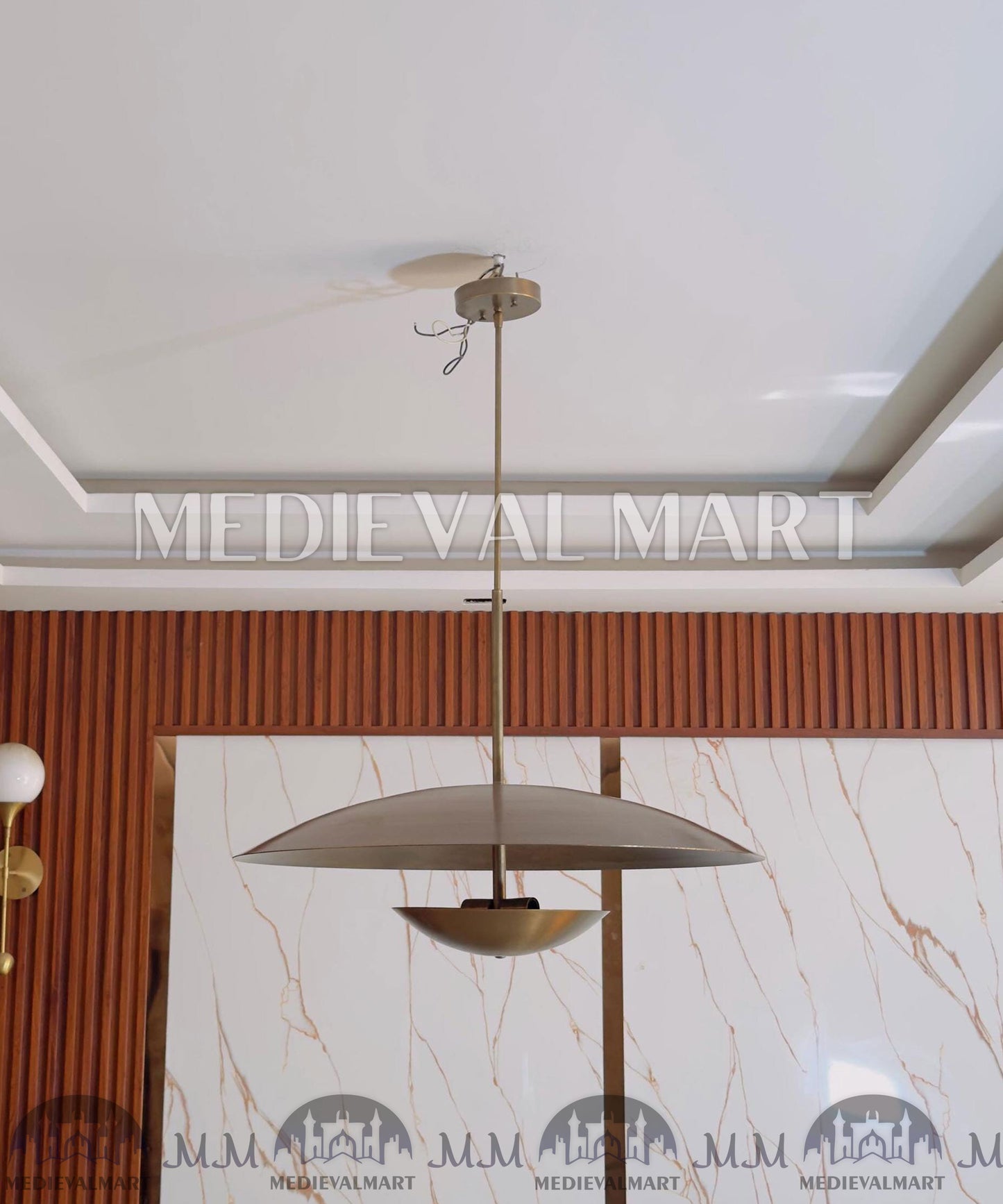 MEDIEVALMART Mid Century Modern Brass Chandelier, Handmade 3-Light Pendant