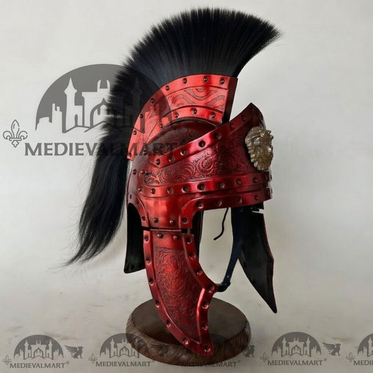 MEDIEVALMART Casque de centurion romain médiéval finition rouge avec panache noir ou support en bois gratuit