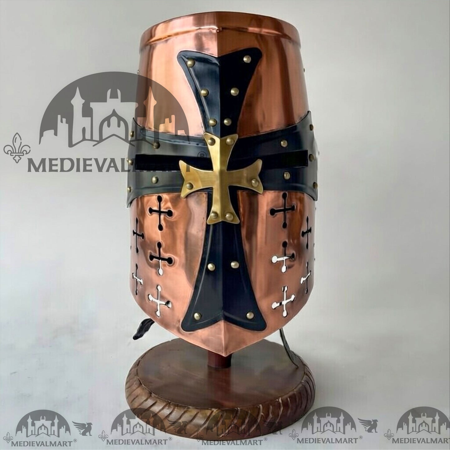 MEDIEVALMART Special Templar Crusader Knight Copper Finish Helmet W/H Free Stand
