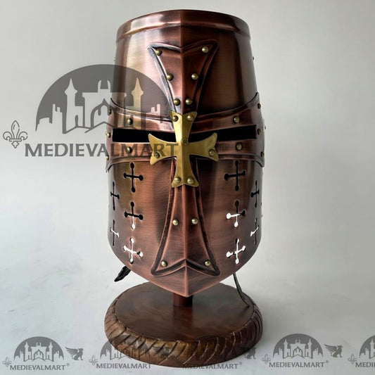 CASQUE MEDIEVALMART spécial chevalier templier croisé finition cuivre antique complète avec support gratuit
