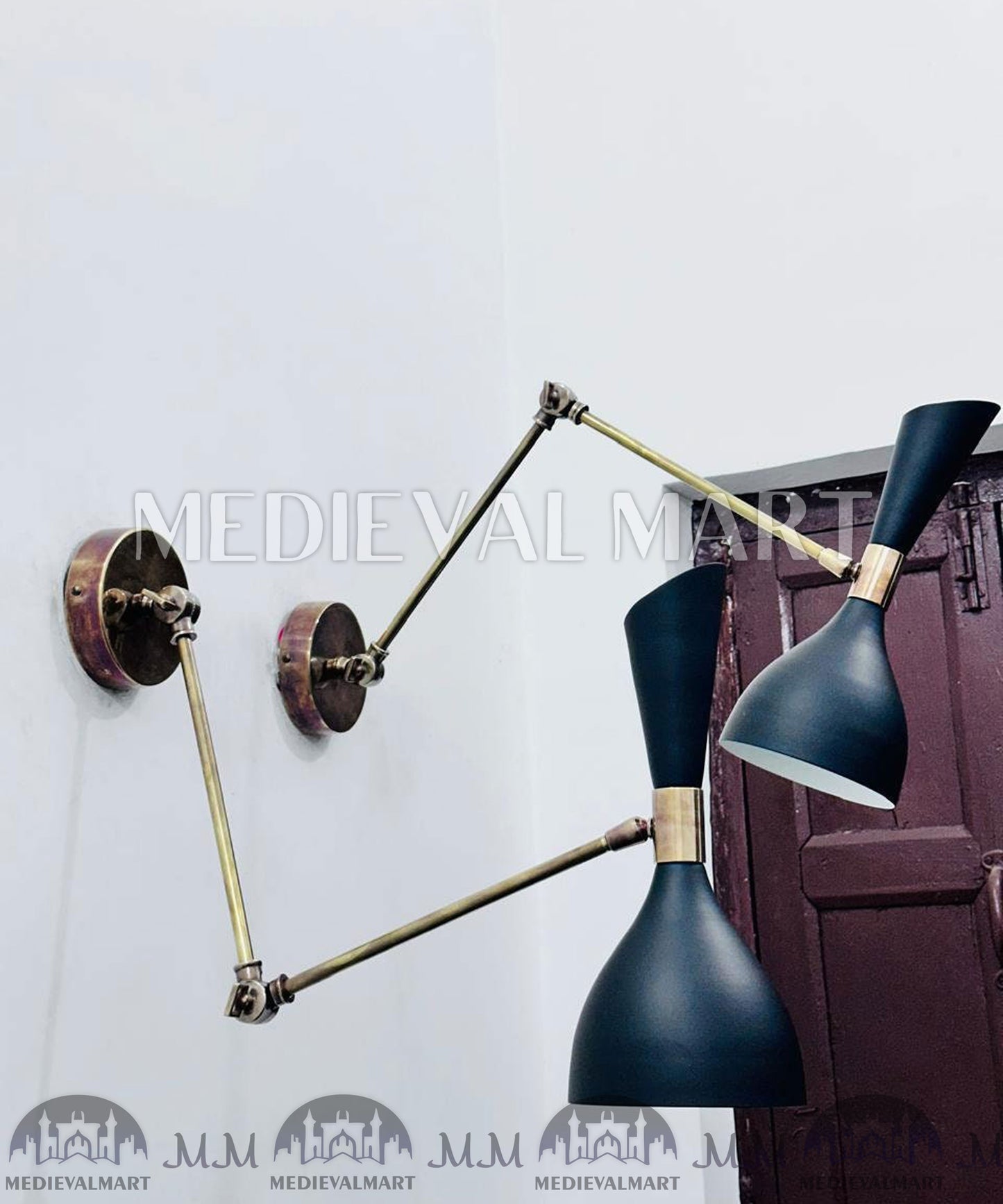 MEDIEVALMART Mid Century Italian Brass Wall Sconce Pair Adjustable Stilnovo Lighting