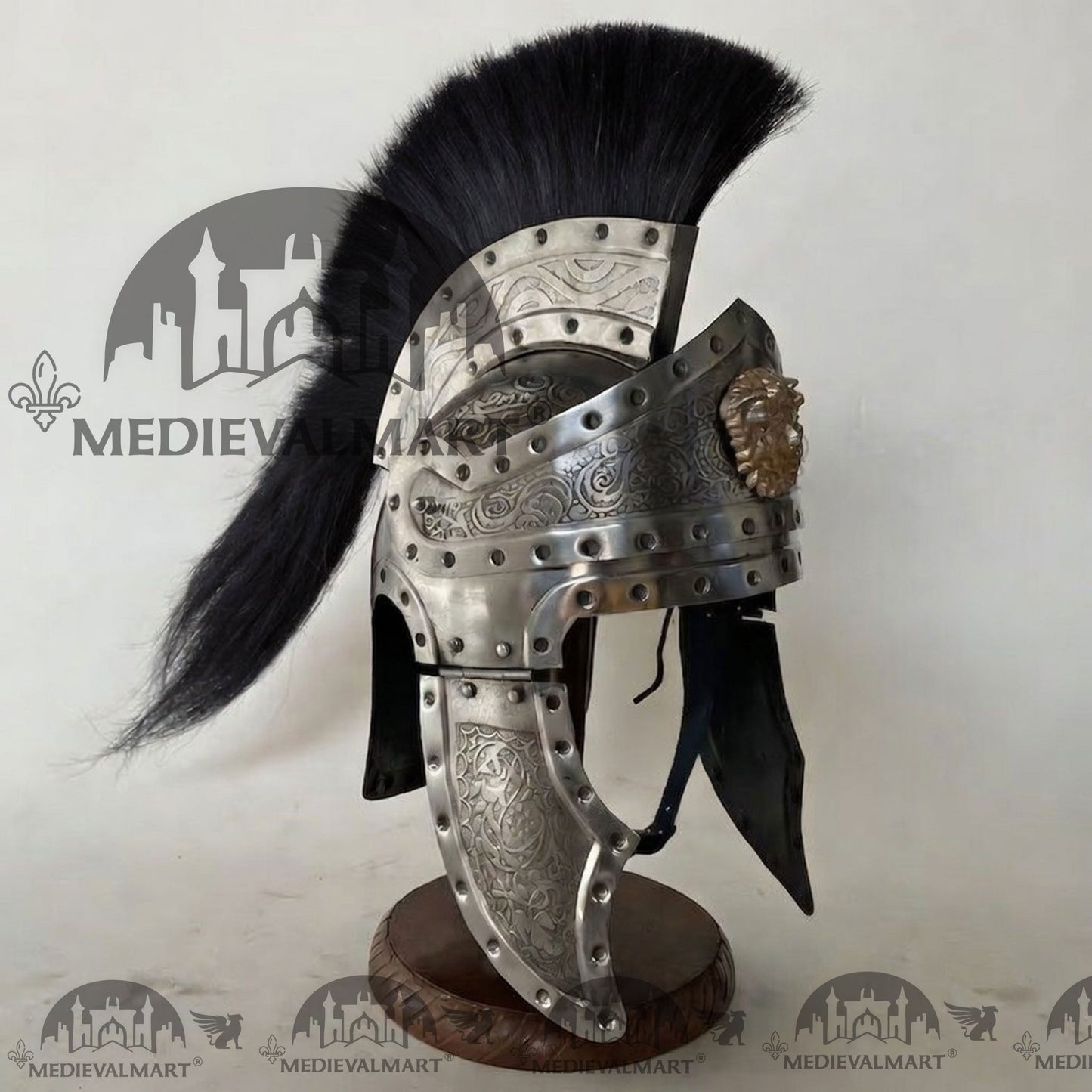 MEDIEVALMART Medieval Roman Centurion Silver Finish Helmet with Black Plume or Free Wooden Stand