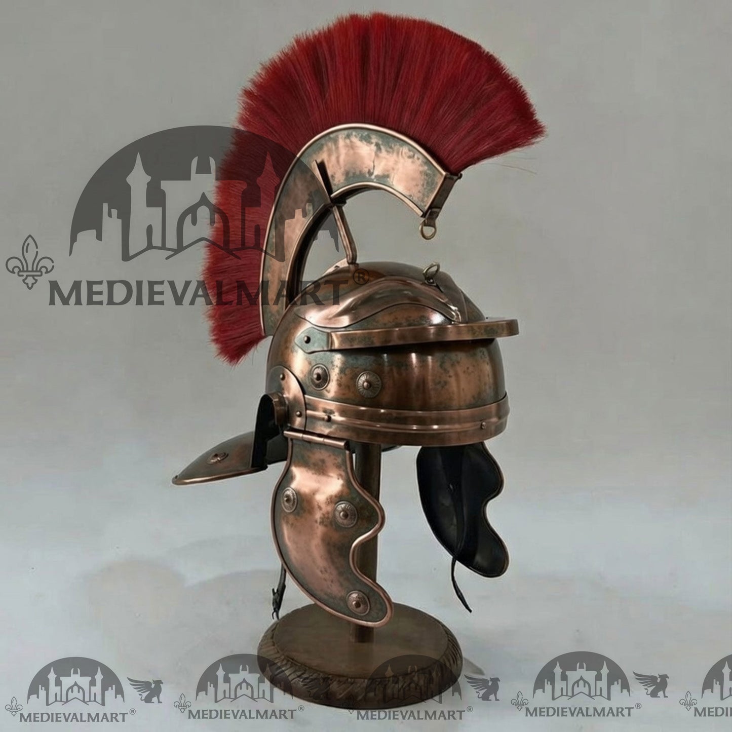 MEDIEVALMART Gallic Roman Centurion Antique Copper Finish Helmet Replica Red Plume with Free Stand