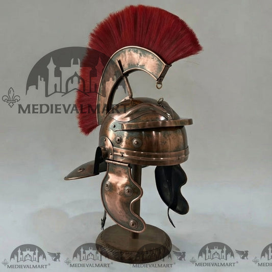 MEDIEVALMART Casque de Centurion Romain Gaullois Réplique Finition Cuivre Antique Plume Rouge avec Support Offert