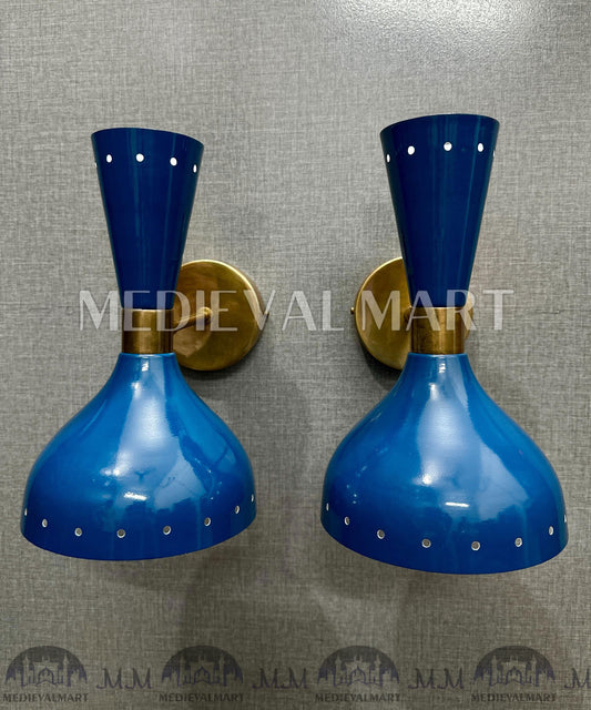 MEDIEVALMART 1950's Brass Cone Wall Sconce: Mid Century Modern Vanity Light - Shiny Blue