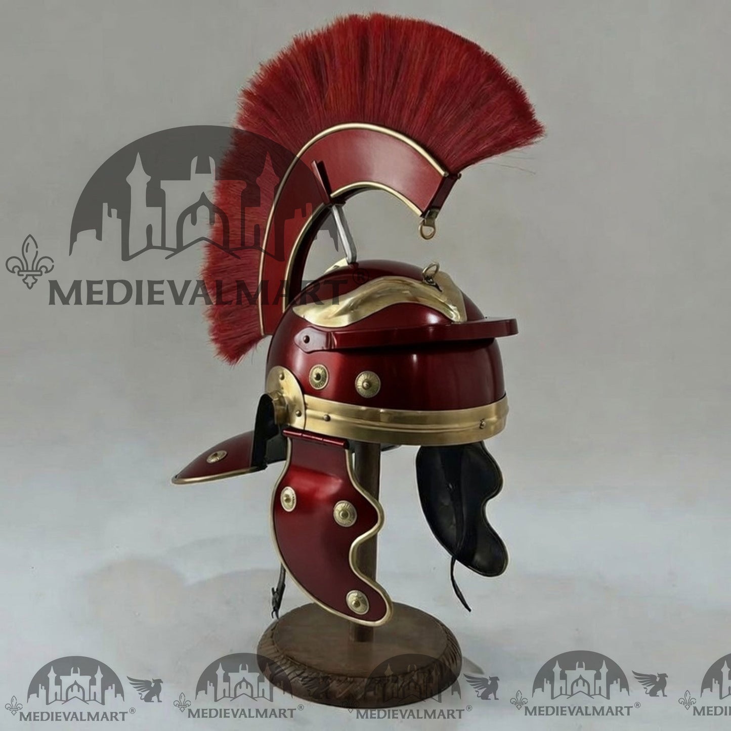 MEDIEVALMART Gallic Roman Centurion Maroon Red Finish Helmet Replica Red Plume with Free Stand