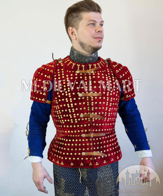 MEDIEVALMART Historical Spanish Renaissance PREMIUM Red Brigandine Jacket Armor W/H Brigandine Spaulders Best for Unisex For Halloween Day