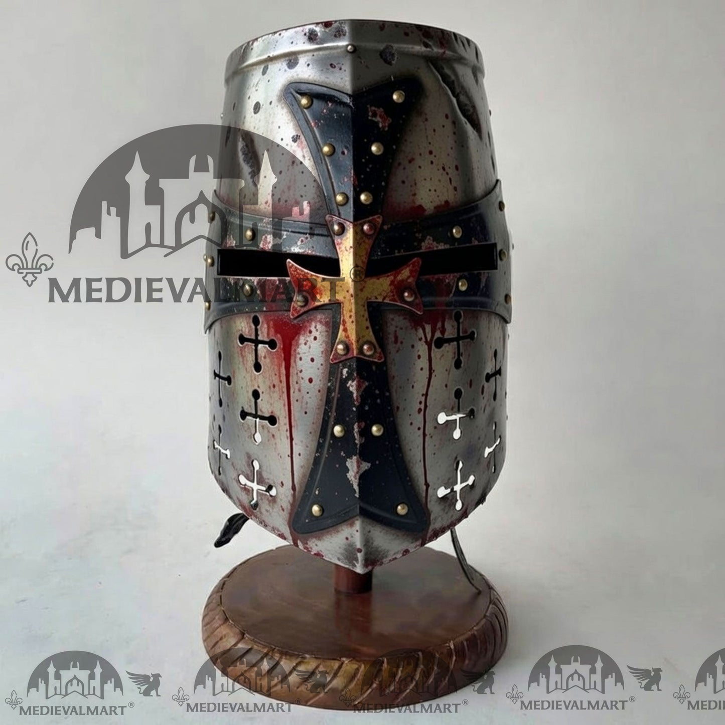 MEDIEVALMART Special Templar Crusader Knight Damage Silver W/H Blood Finish Helmet W/H Free Stand