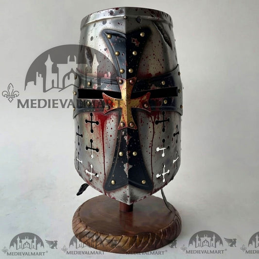 MEDIEVALMART Casque de chevalier templier croisé endommagé argenté avec finition sang et support gratuit