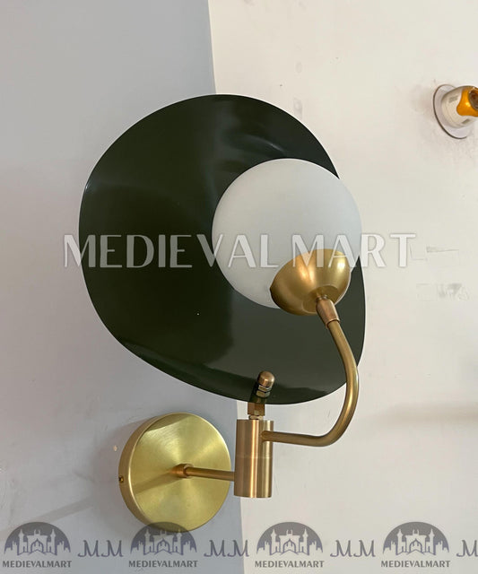 MEDIEVALMART Handmade Brass Wall Sconce: Mid-Century Modern Green Shade Lighting