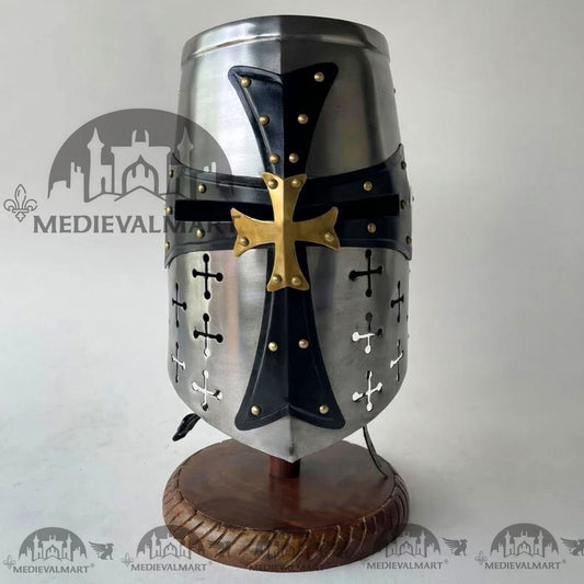 MEDIEVALMART Casque de chevalier templier croisé finition argentée avec support gratuit