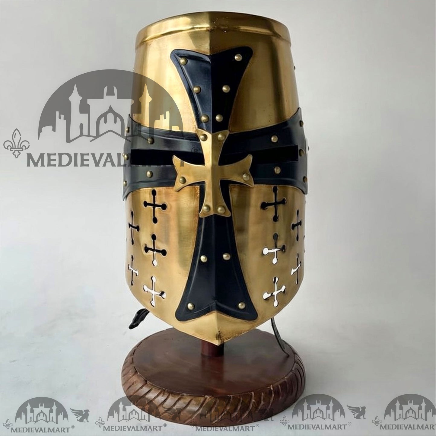 MEDIEVALMART Special Templar Crusader Knight Gold Finish Helmet W/H Free Stand