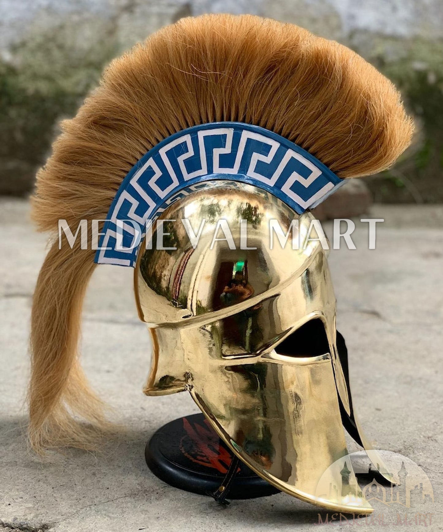 MEDIEVALMART "7th Cen BCE" Greek Corinthian Shiny Brass Finish Full Size Royal Helmet W/H Plume or Free Stand | Greek Props