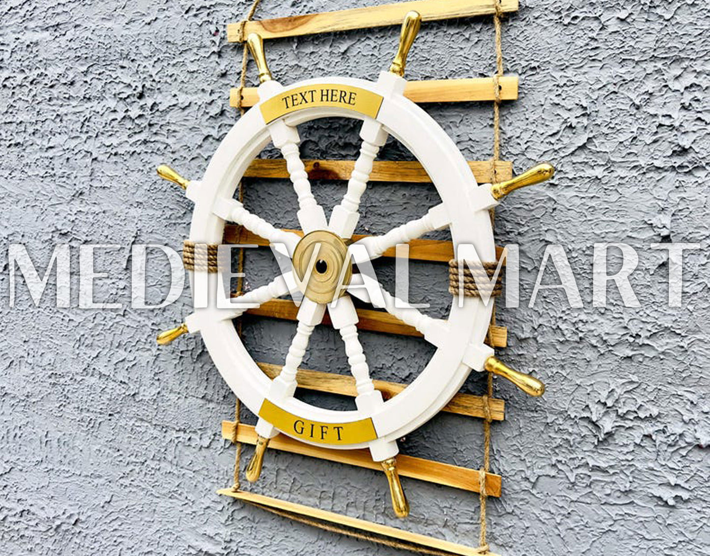 MEDIEVALMART Nautical Brass Decoration Wooden Ship Wheel White Finish - Personal Engraving Marine Wall Decor
