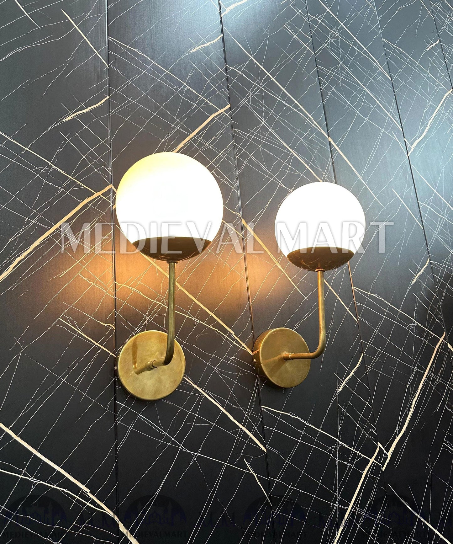 MEDIEVALMART Modern Brass Wall Sconce: Nordic Milky Globe Bathroom Light