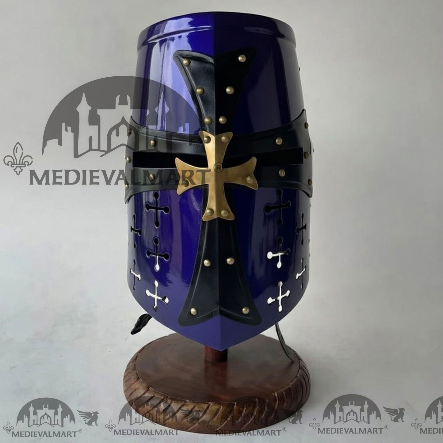 MEDIEVALMART Special Templar Crusader Knight Blue Finish Helmet W/H Free Stand