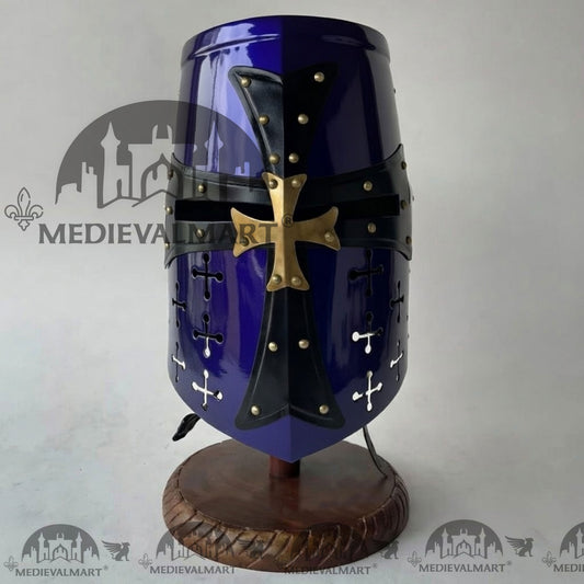 Casque de Chevalier Templier Croisé Bleu MEDIEVALMART avec support gratuit