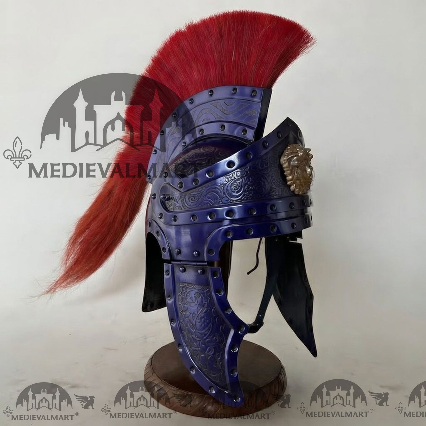 MEDIEVALMART Medieval Roman Centurion Blue Finish Helmet with Red Plume or Free Wooden Stand