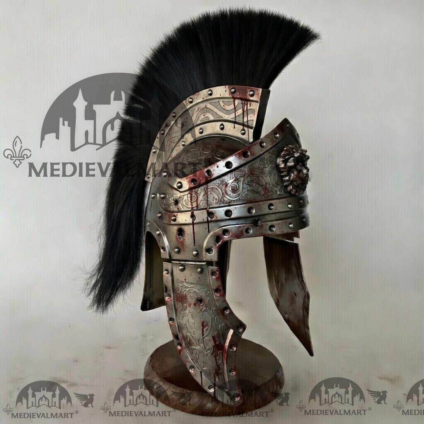 MEDIEVALMART Medieval Roman Centurion Silver Battle Damage W/H Blood Finish Helmet with Black Plume or Free Wooden Stand