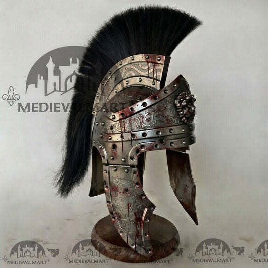 MEDIEVALMART Casque de centurion romain médiéval argenté, aspect endommagé au combat avec finition sang et panache noir ou support en bois offert