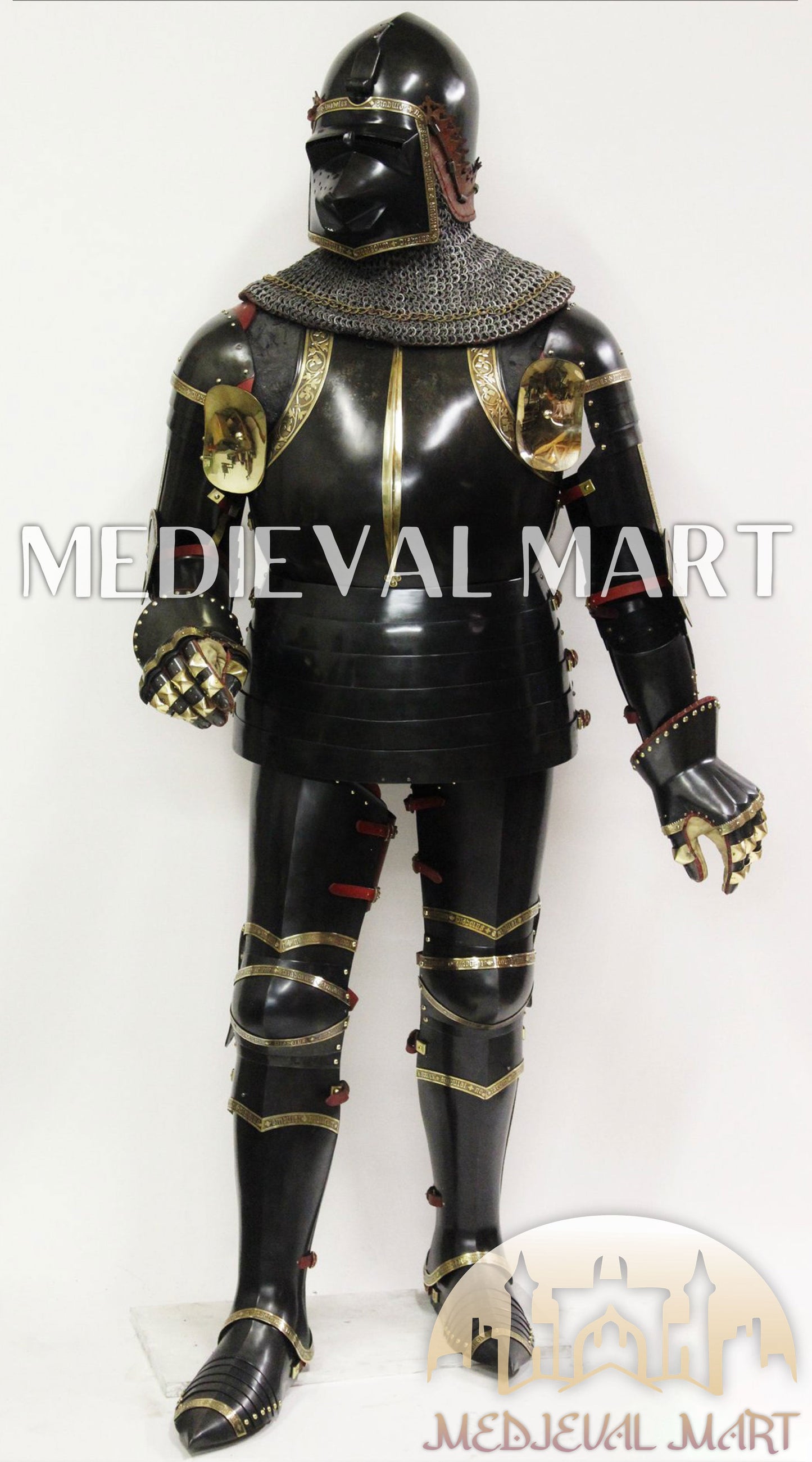 MEDIEVALMART Dark Paladin Imperial Guard Knight  Black & Brass Deco Full Body Metal Armor Costume W/H Houndskull