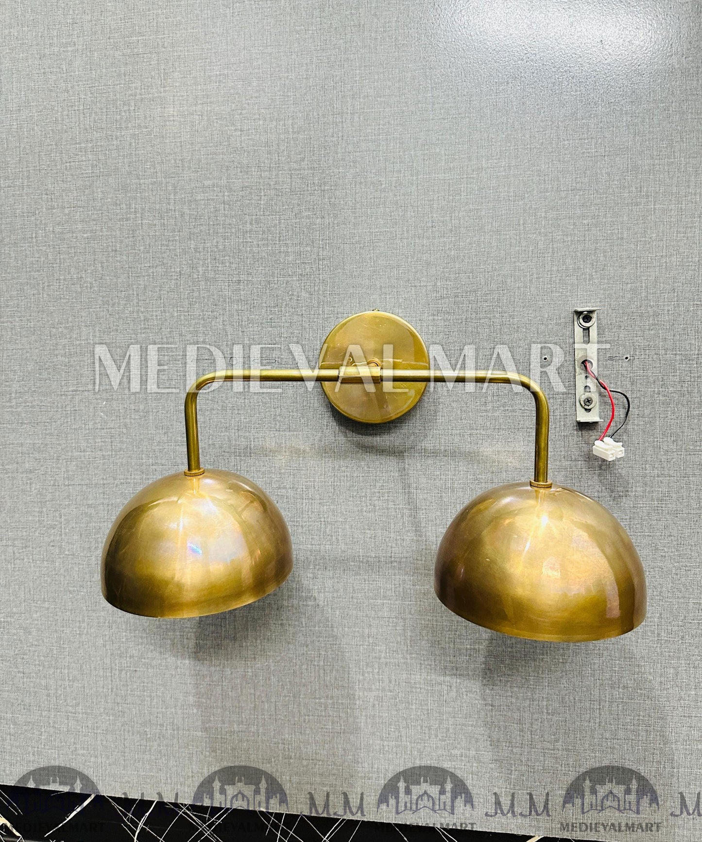 MEDIEVALMART 1950s Brass Double Dome Wall Sconce: Mid-Century Modern Industrial Light