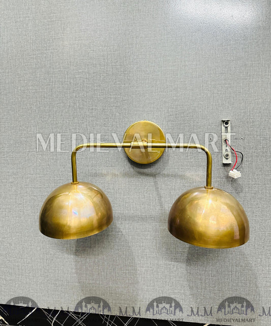 MEDIEVALMART 1950s Brass Double Dome Wall Sconce: Mid-Century Modern Industrial Light