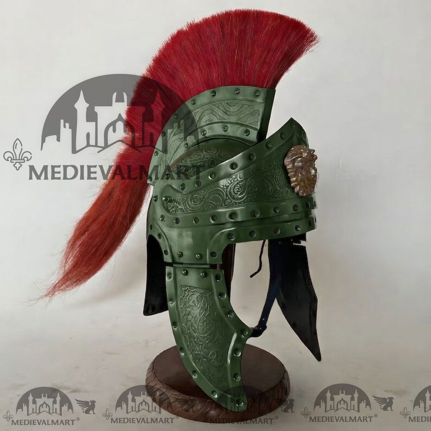 MEDIEVALMART Medieval Roman Centurion Jade Green Finish Helmet with Red Plume or Free Wooden Stand