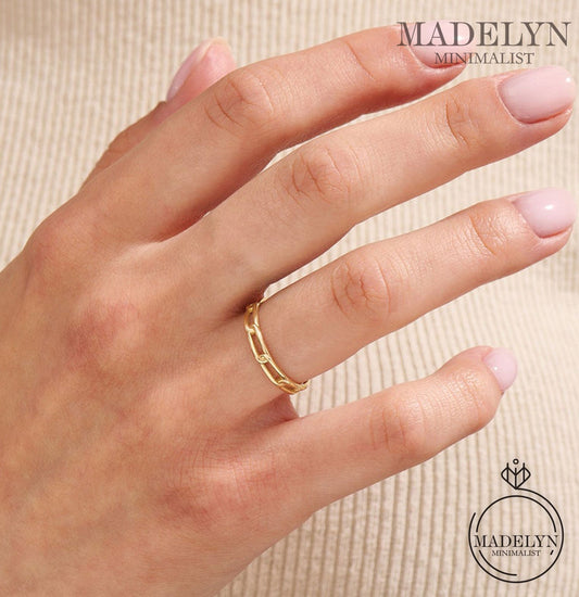 MADELYN MINIMALIST 14k Solid Gold Chained Modern Simple Marriage Ring | Gift for Her, Wife