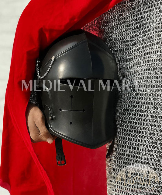 MEDIEVALMART Medieval Knight Armor 18g Mild Steel Black Barbuta Helmet for LARP or Cosplay - Gift For Dad