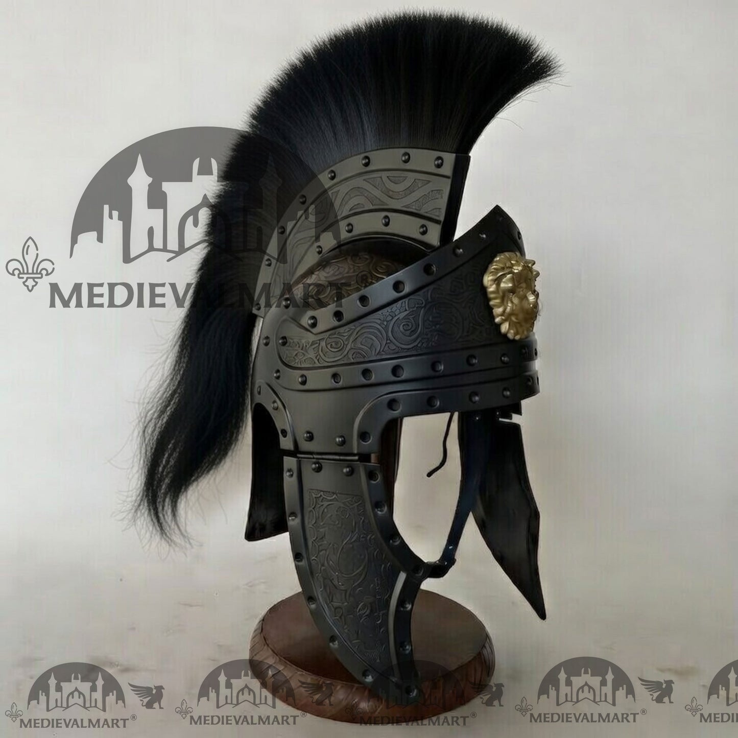 MEDIEVALMART Medieval Roman Centurion Black Finish Helmet with Black Plume or Free Wooden Stand