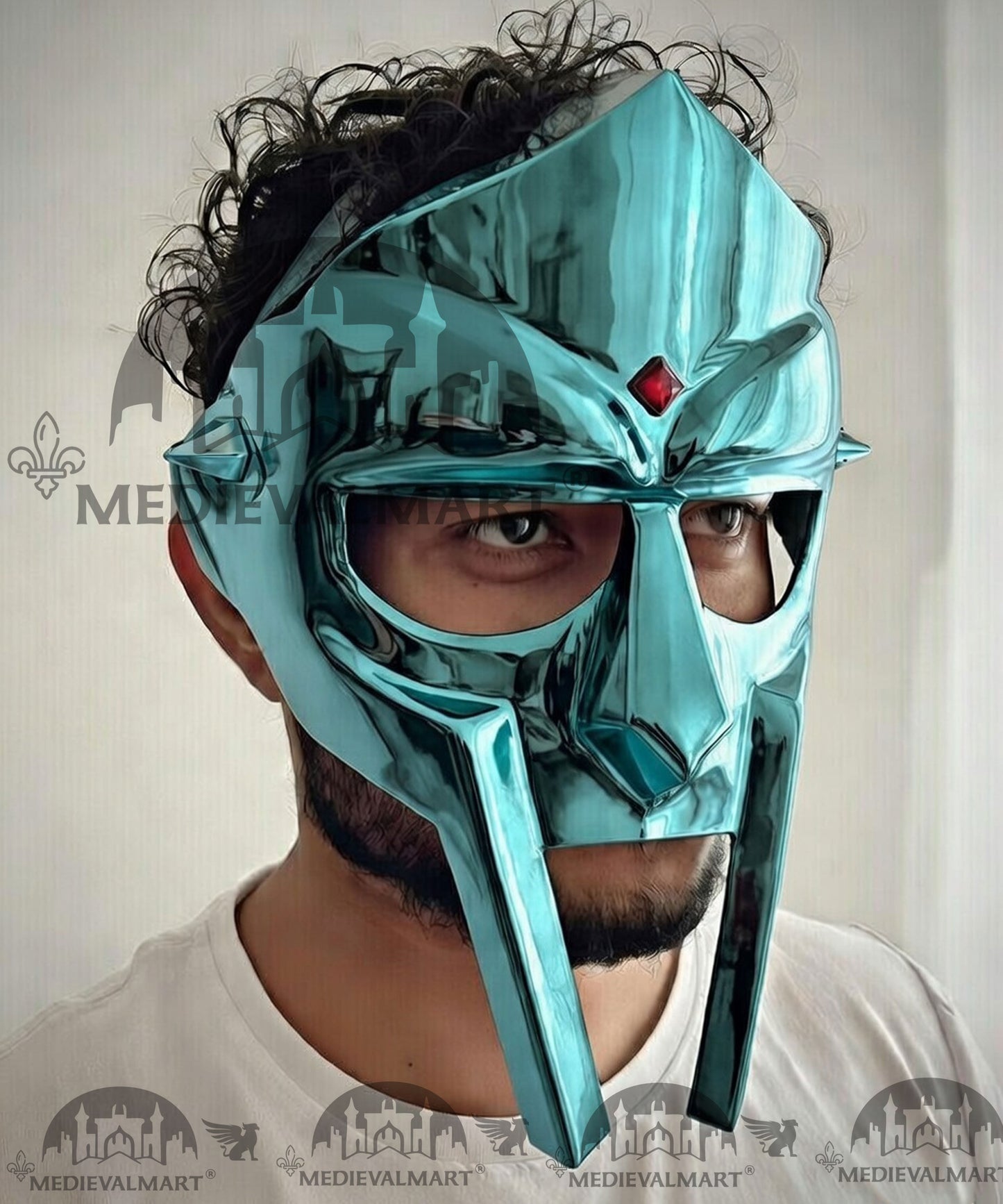 MEDIEVALMART PREMIUM MF DOOM Mask Mad Villain Aqua Blue Finish Steel Face Armor