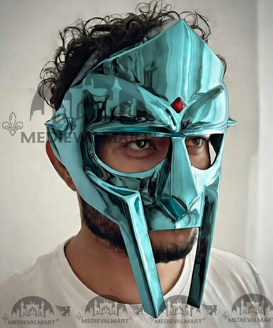 MEDIEVALMART PREMIUM MF DOOM Mask Mad Villain Aqua Blue Finish Steel Face Armor