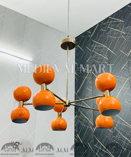 MEDIEVALMART Mid Century Sputnik Chandelier: Brass & Orange Ball Ceiling Light