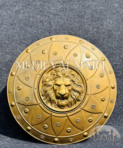 MEDIEVALMART Medieval Lion Face Sparta Shield Full Gold Finish | Gift for Halloween Day