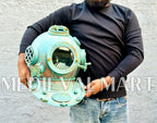 MEDIEVALMART Rusty Green Diving Helmet With Wooden Base