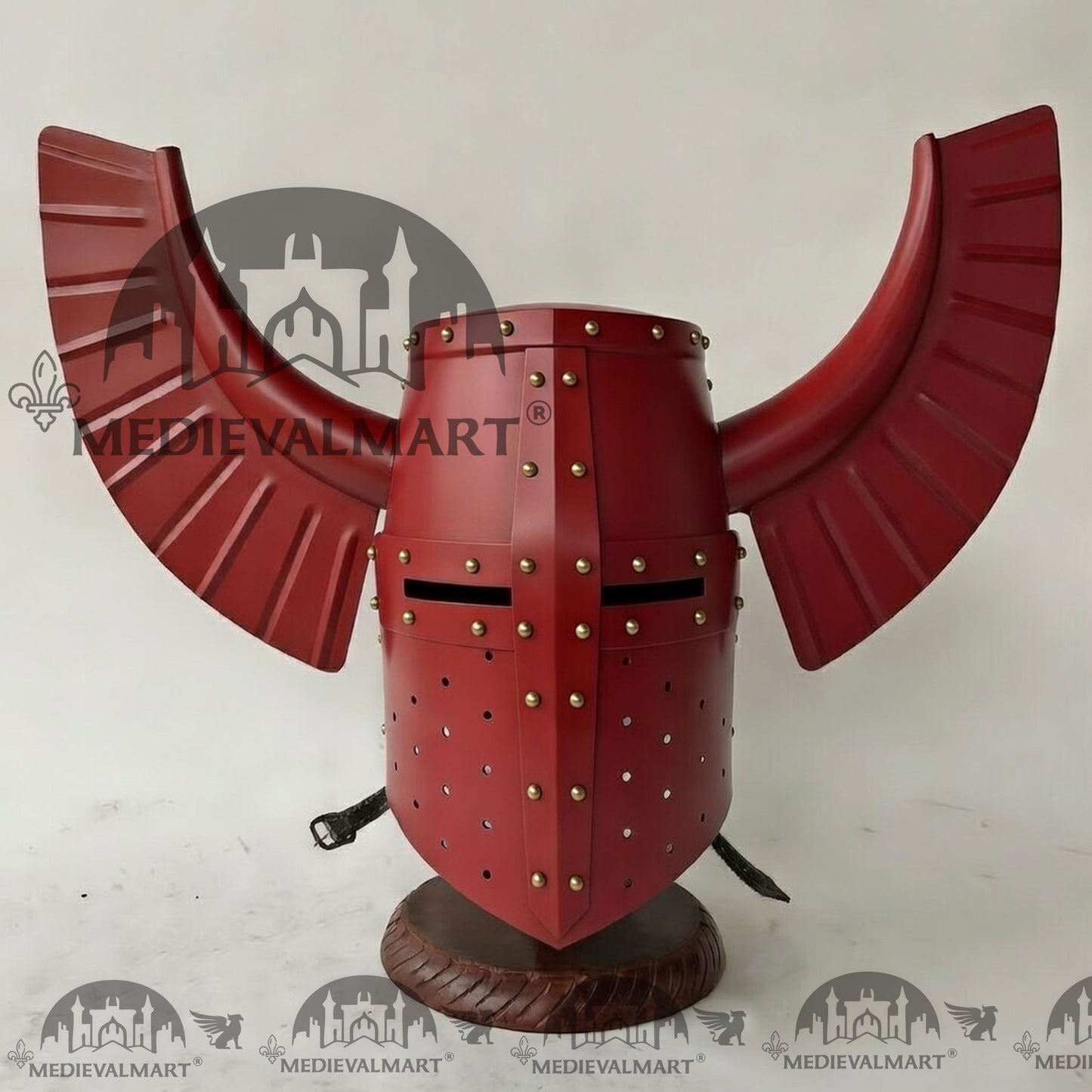 MEDIEVALMART Medieval Templar Warrior Teutonic Antique Red W/H Gold Rivets Wing Helmet with Free Stand