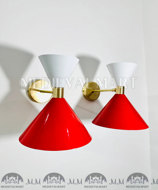 MEDIEVALMART 1950s Mid Century Italian Diabolo Wall Sconce Pair: Red & White Lighting Decor