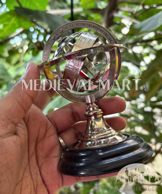 MEDIEVALMART Handmade Nickel Brass Celestial Globe: Zodiac Armillary Sphere on Wood Base Gift for Mom