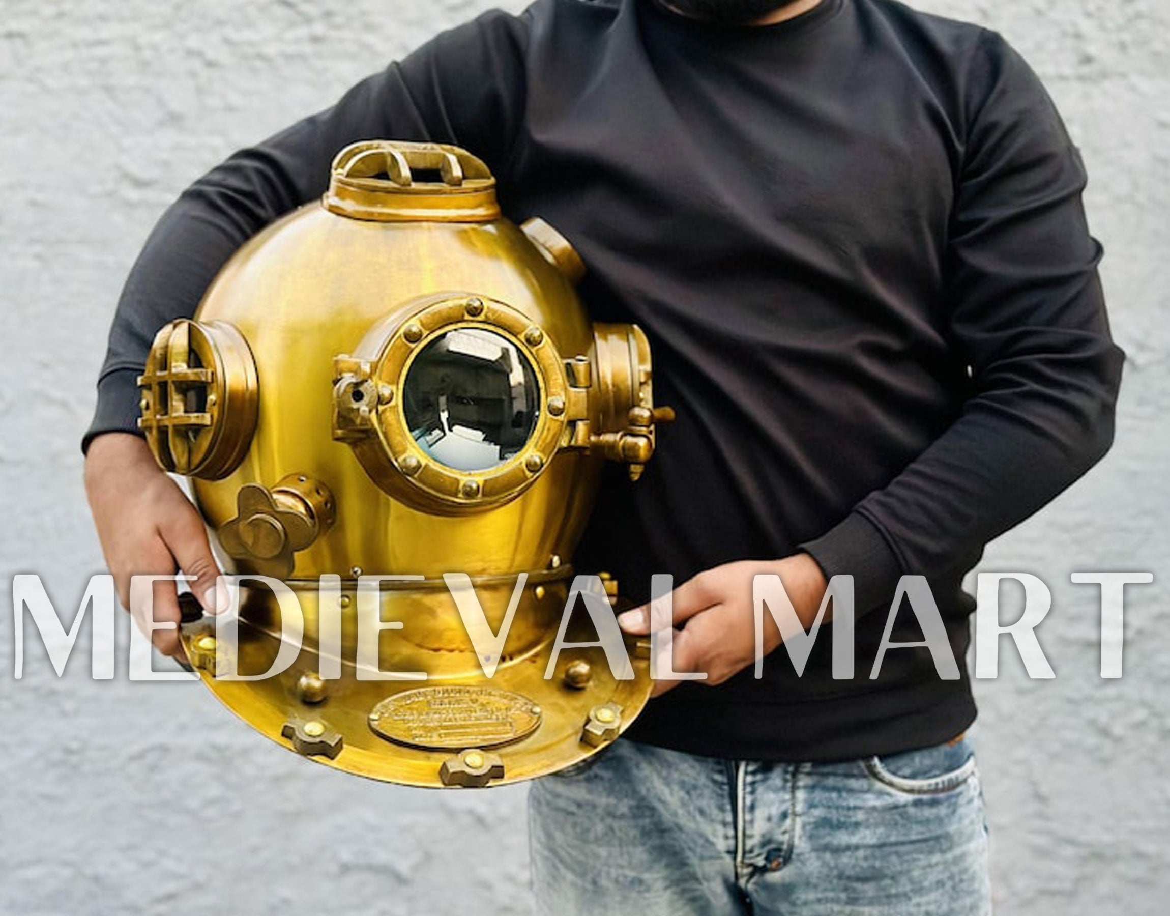 MEDIEVALMART Antique Gold Finish Diving Helmet With Wooden Base