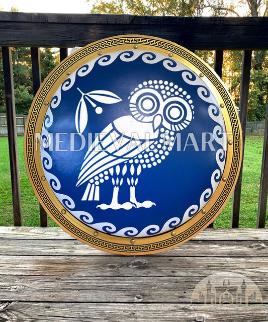 MEDIEVALMART Iconic Odyssey Owl Ancient Greek Hoplite  Battleworn Metal/Brass Shield | Gifts For Dad