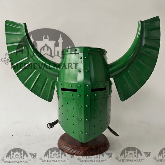 MEDIEVALMART Casque médiéval de Templier Guerrier Teutonique avec Ailes Finition Verte et Support Offert