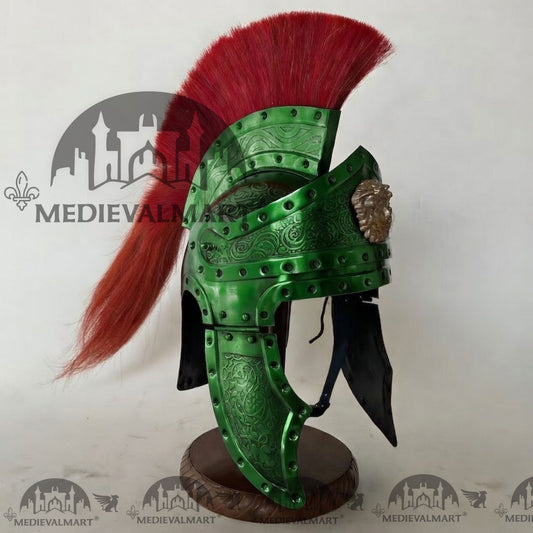 MEDIEVALMART Casque de centurion romain médiéval finition verte avec panache rouge ou support en bois gratuit