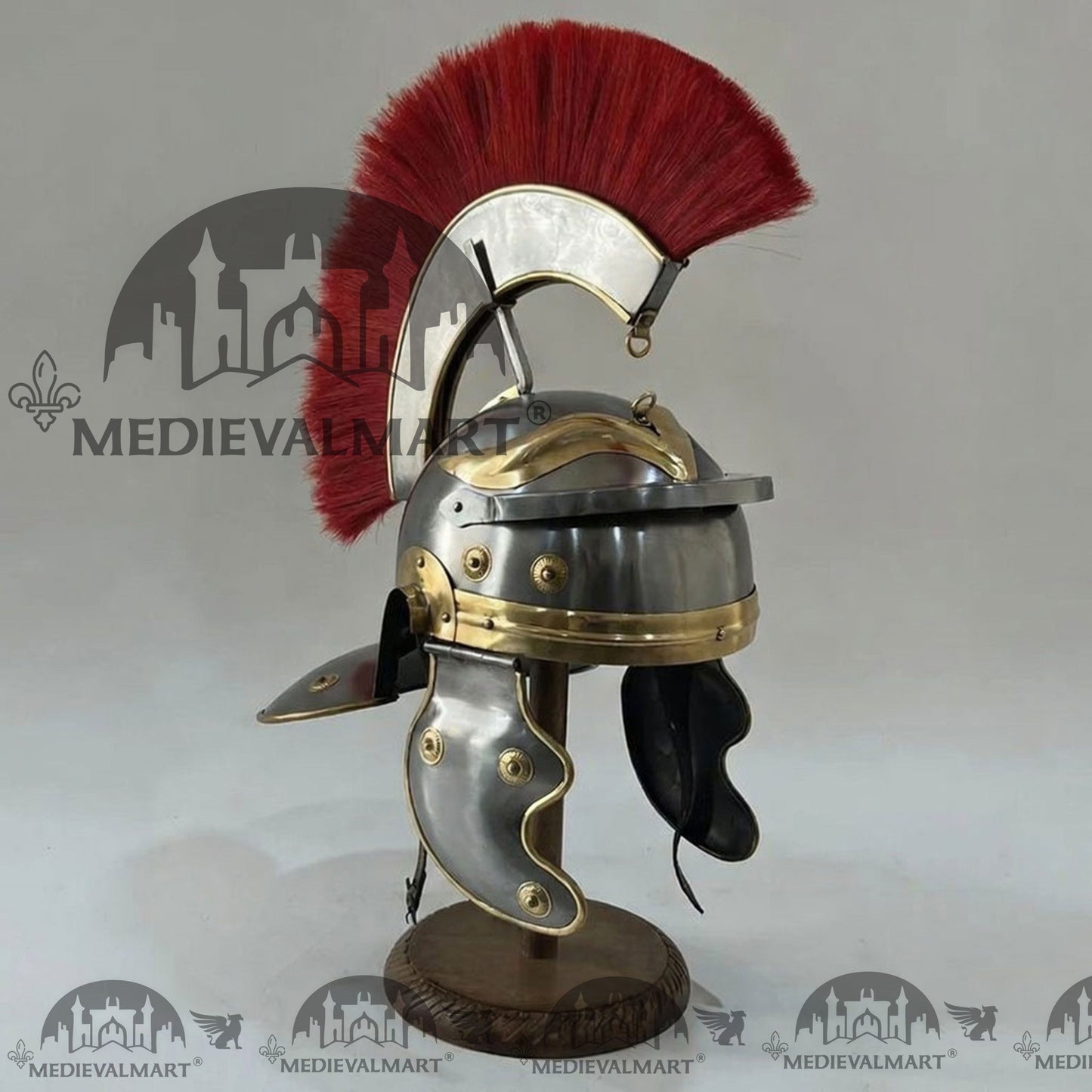 MEDIEVALMART Gallic Roman Centurion Silver Finish Helmet Replica Red Plume with Free Stand