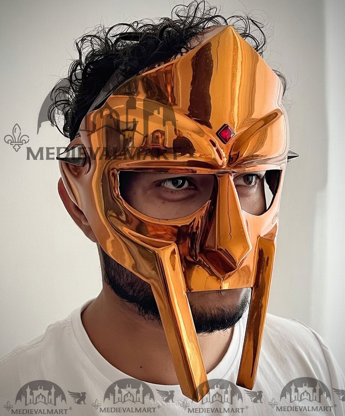 MEDIEVALMART PREMIUM MF DOOM Mask Mad Villain Orange Gold Finish Steel Face Armor