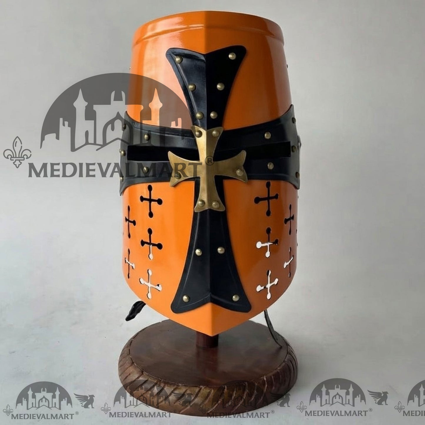 MEDIEVALMART Special Templar Crusader Knight Orange Finish Helmet W/H Free Stand