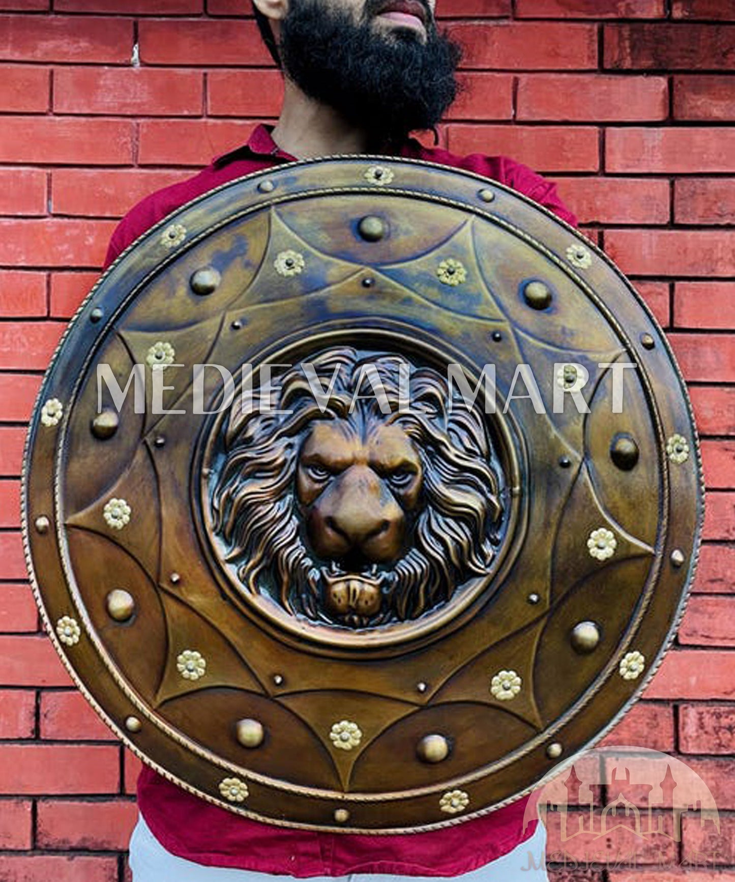 MEDIEVALMART Medieval Lion Face Spartan Shield Antique Finish | Gift For Dad