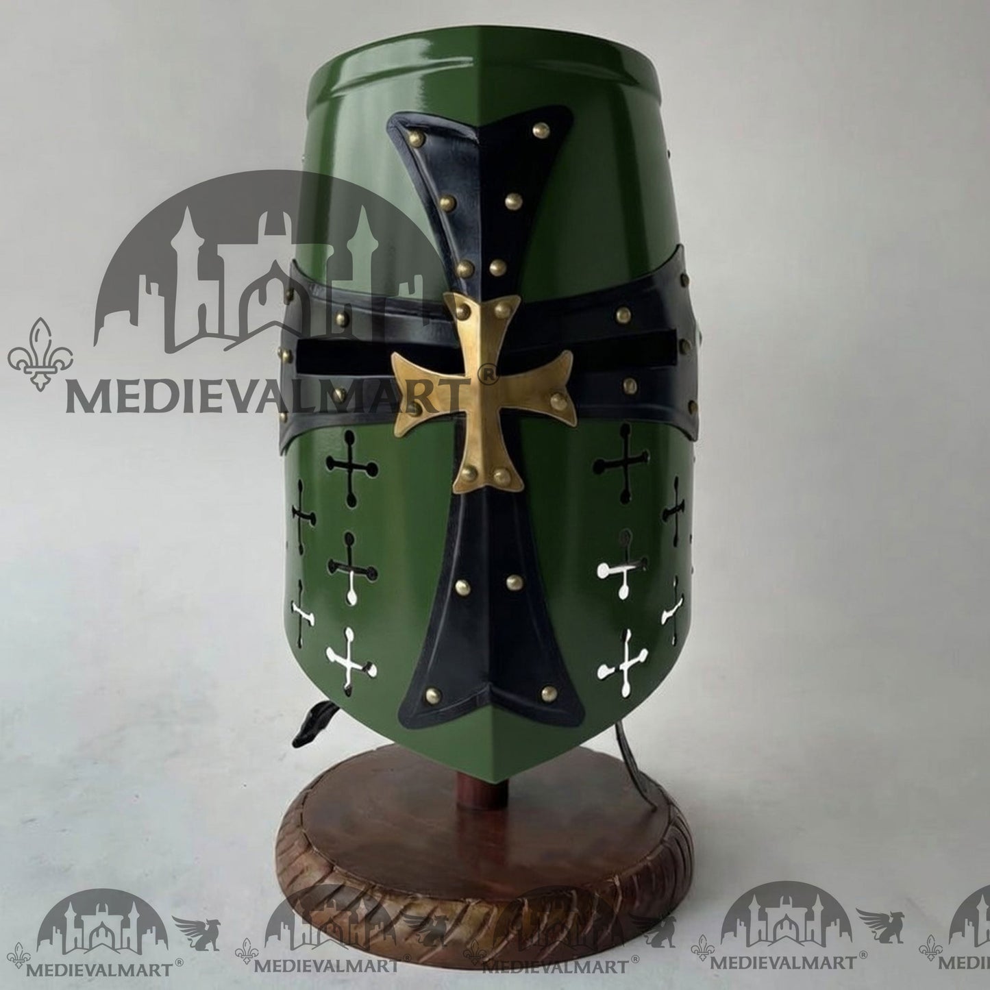 MEDIEVALMART Special Templar Crusader Knight Jade Green Finish Helmet W/H Free Stand