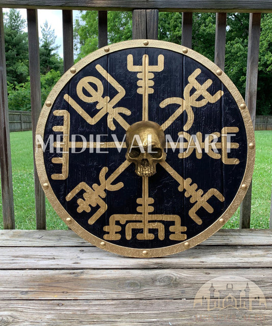 MEDIEVALMART Viking's Iconic Vegvisir Skull and Compass   Battleworn Viking Wooden Shield | Gifts For Dad